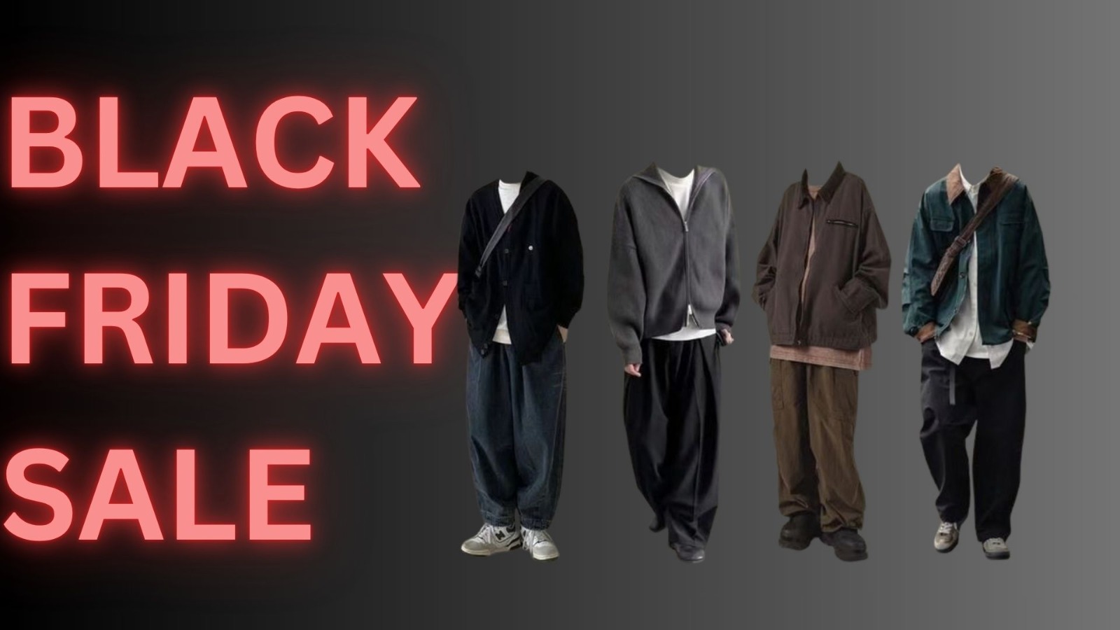 Black Friday sale banner featuring stylish men’s streetwear outfits including hoodies, jackets, and baggy pants on a dark background