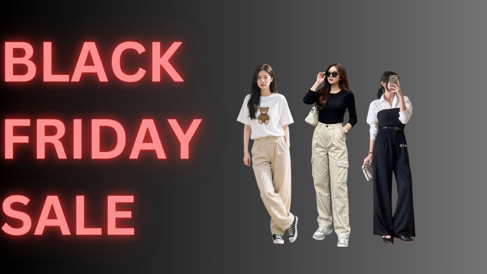 Black Friday sale banner with women’s fashion outfits including casual t-shirts, cargo pants, and stylish monochrome looks on a dark background