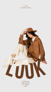 Fashion model wearing a brown suede-style jacket, wide-brim hat, cream pants, and white ankle boots, posing on a minimalist clothing store promotional graphic.