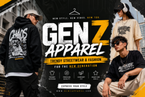 Gen Z Apparel promotional banner featuring trendy streetwear outfits, oversized hoodies, graphic t-shirts, and modern fashion styles designed for the new generation.