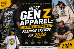 Promotional banner showcasing the best Gen Z apparel for 2026, featuring oversized t-shirts, hoodies, streetwear outfits, and trendy fashion styles for young adults.