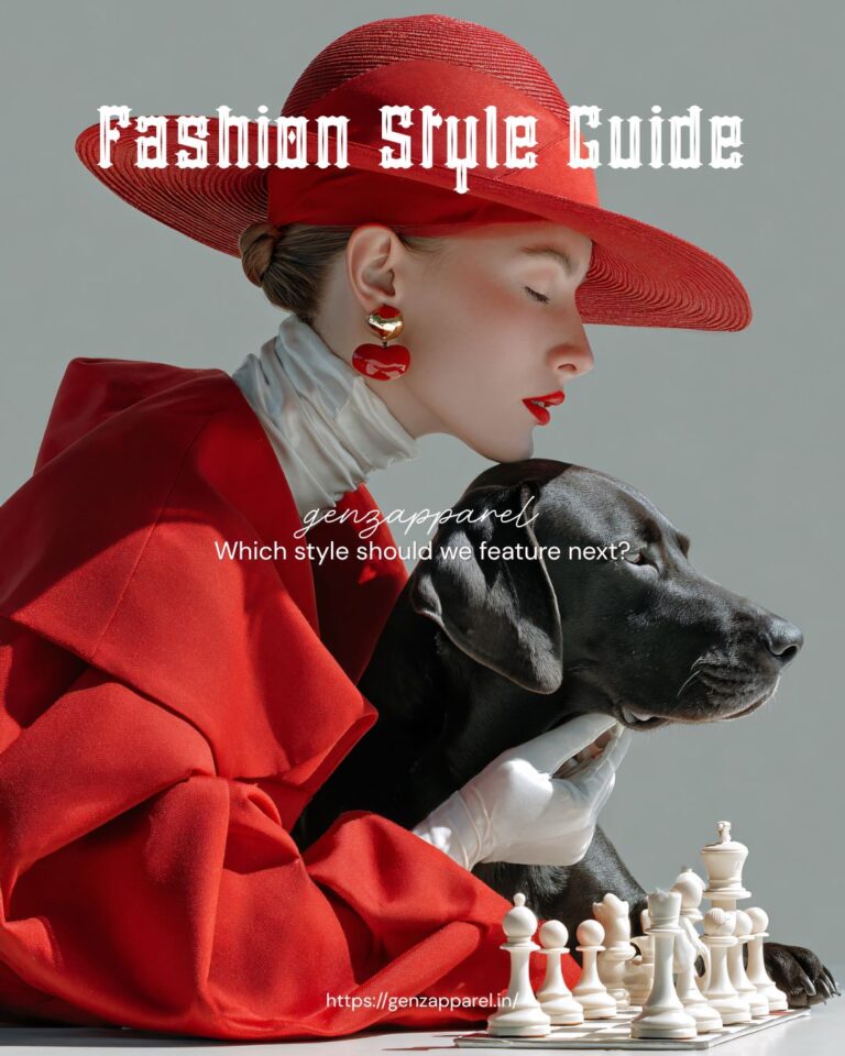 A fashion model in a bold red outfit and wide-brimmed hat poses beside a black dog with white chess pieces in the foreground. The image features the text "Fashion Style Guide" and asks, "Which style should we feature next?" with Genz Apparel branding.